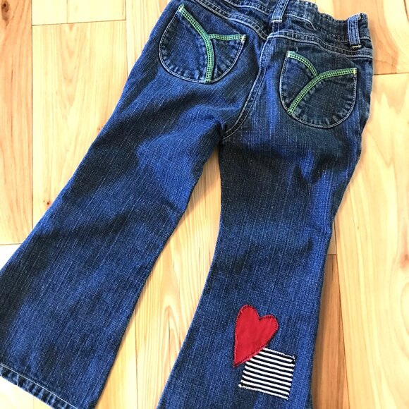 Upcycled Patchwork Jeans, Child's Size 5: Handmade Heart Patches Front and Back - Picture 5 of 16